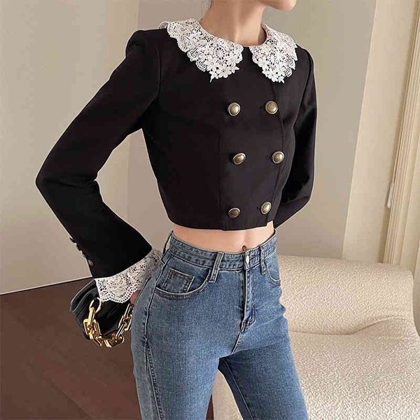 

women's suits & blazers women's autumn lace splicing short suit resurgent solid color navel exposed dbiv, White;black