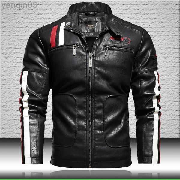 Jaquetas de couro de motocicleta masculinas Jaqueta de couro de moto -moto -moto da jaqueta bombardeira com bordado epaulet Faux Leather Jacket L220801