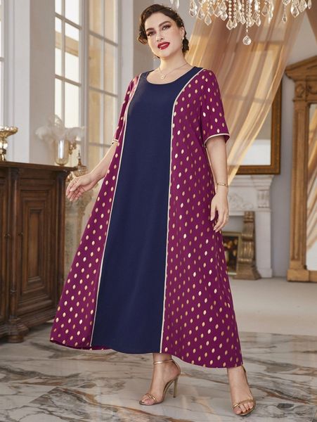 

plus golden dot print colorblock tunic dress l3nx#, Black