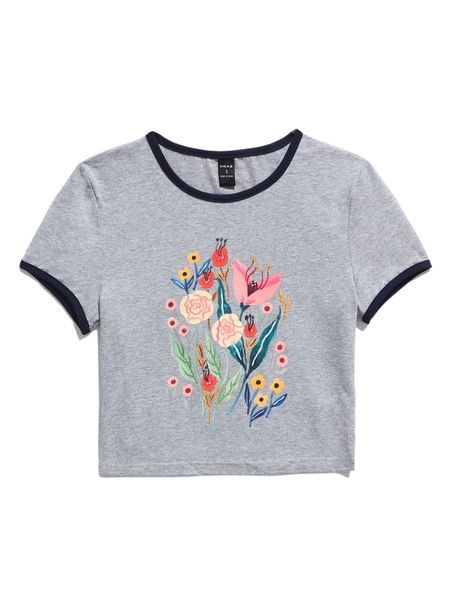 

x ploypisut floral print contrast trim tee c1fj#, White