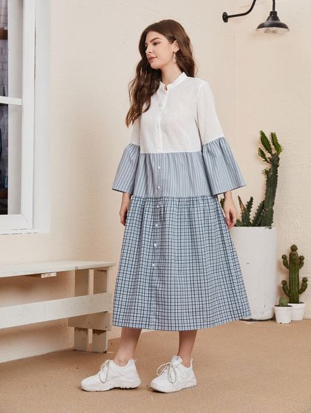 

flounce sleeve striped colorblock dress x112#, Black;gray