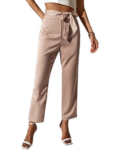 

knot front satin straight leg pants m6zp#, Black;white