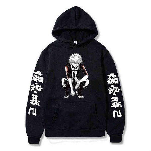 2021 Harajuku Benim kahramanım akademisi hoodies erkekler kadınlar uzun kollu sweatshirt bakugou katsuki anime manga siyah kapüşonlar üst kıyafetler g220429