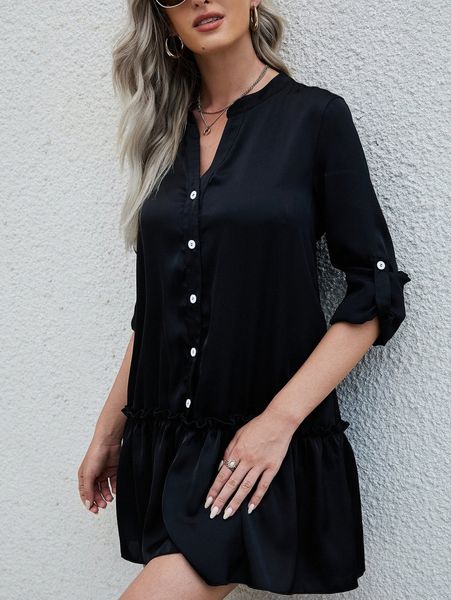 

roll tab sleeve frilled ruffle hem smock dress 87ju#, Black;gray