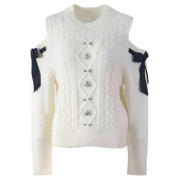 

women's knits tees french bow off shoulder diamond sweater women's autumn and winter fashion medium length pullover sweater ury5, White