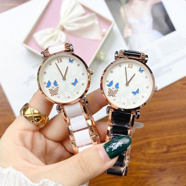 Нарученные часы бренд запястья женская девочка бабочка хрустальный стиль роскошные спортивные стальные стальные ленты Quartz Clock O12WristWatches