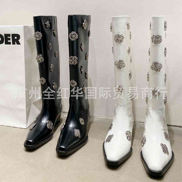 

boots metal carved buckle knight boots women's autumn and winter cow patent leather pointed thick heel high, Black