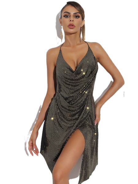 

sequins draped collar -slit thigh low back halter dress p8un#, Black;gray