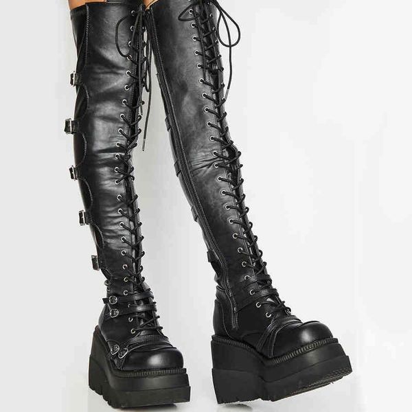 

martin boots designer over the knee boots punk style women platform wedge cross lace up motorcycle booties party evening 220802, Black