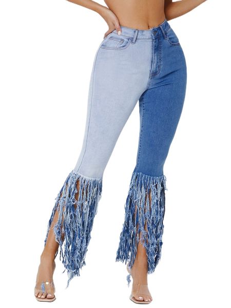 

sxy two tone fringe hem jeans 02ze#, Blue