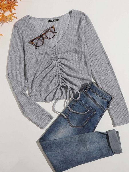 

drawstring front rib-knit tee 11ha#, White