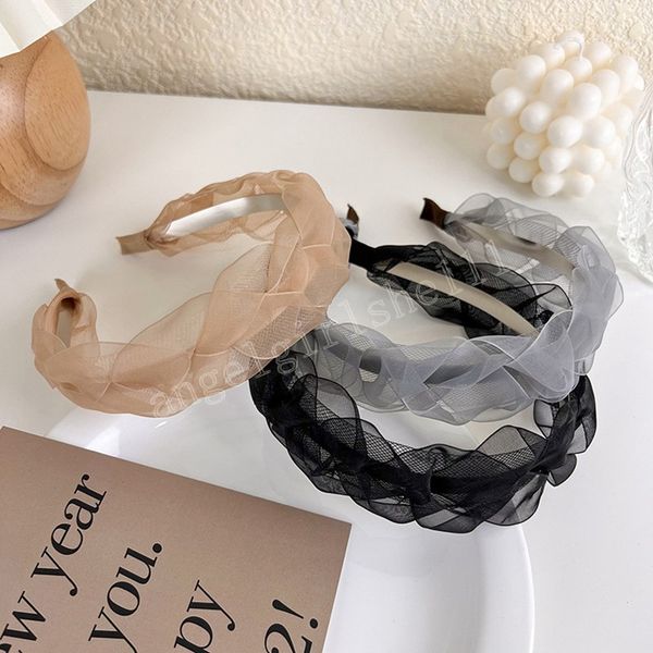 

wash face wide head hoop sweet small fresh braid woven pure color mesh twist headband casual unique headband, Slivery;white