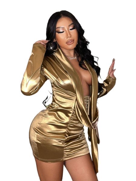 

plunging neck draped front ruched satin bodycon dress 64mv#, Black;gray