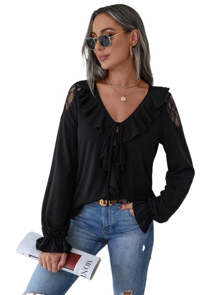

contrast lace ruffle trim flounce sleeve tie front tee s1mv#, White