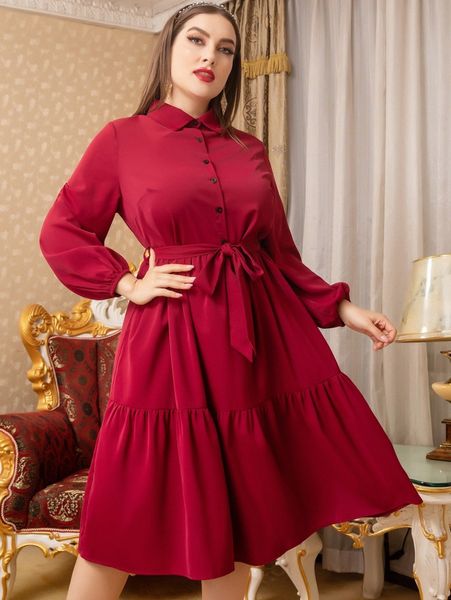 

plus lantern sleeve ruffle hem belted shirt dress e4xk#, Black