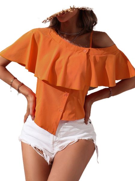 

ruffle trim asymmetrical blouse o73s#, White