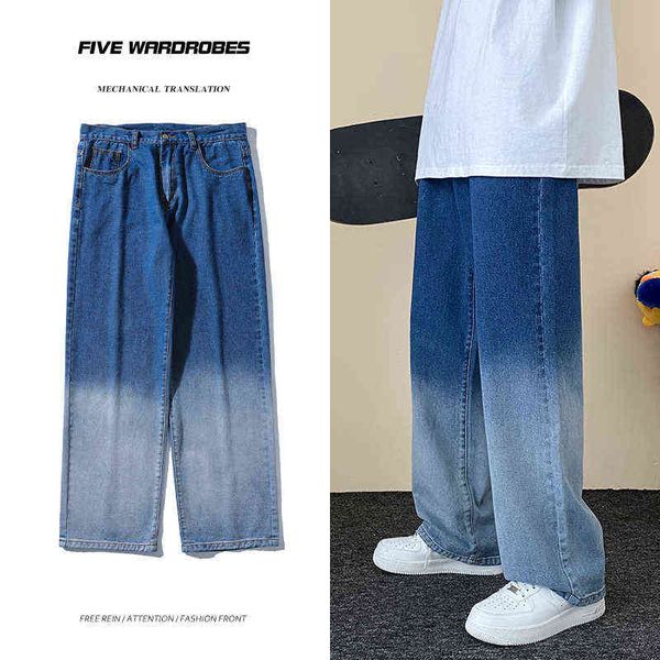 

new men's jeans korean version of the trend gradient blue loose straight denim trousers wide-leg pants fashion casual streetwear t22072
