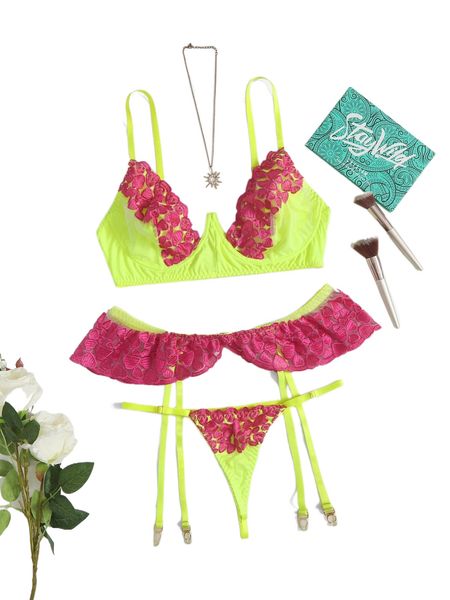 

plus 3pack heart embroidery mesh garter underwire lingerie set a7gz#, Black;white