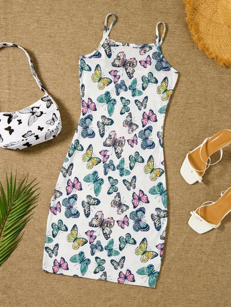 

butterfly print cami dress n5bf#, Black;gray