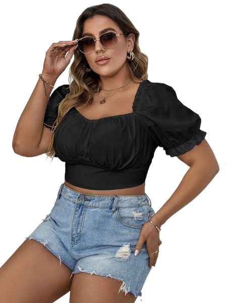 

plus sweetheart neck puff sleeve ruched crop blouse b3tv#, Black