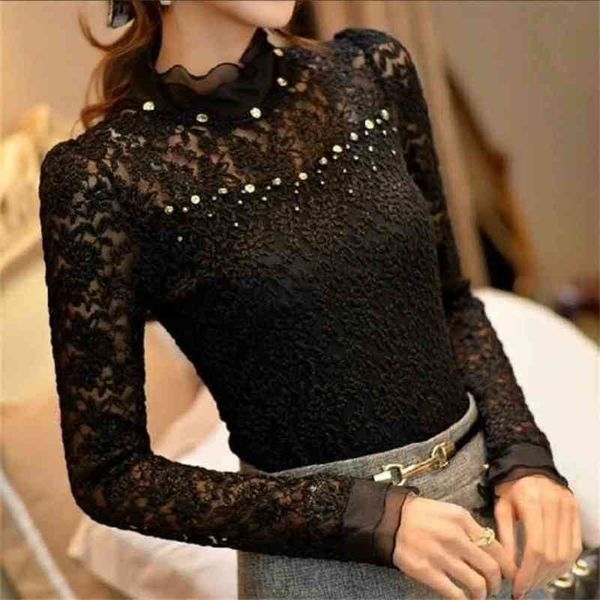 Kadın tığ işi bluz femininas fırfırlı boyun dantel şeffaf gömlek vestidos blusas üstleri artı boyut 5xl 210401