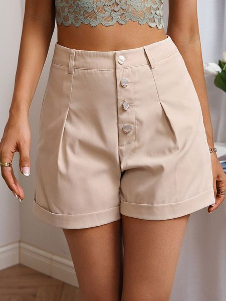 

high waist button fly roll up hem shorts 72uk#, White;black
