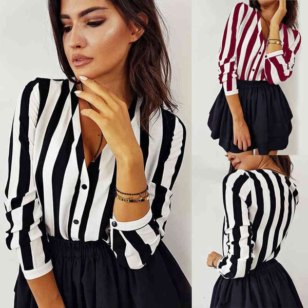 

women's t-shirt casual v-neck stripe long sleeve moss, White