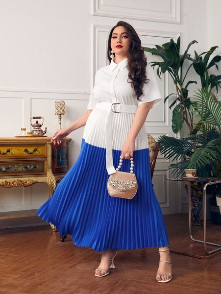 

plus colorblock half button belted pleated dress g9kt#, Black