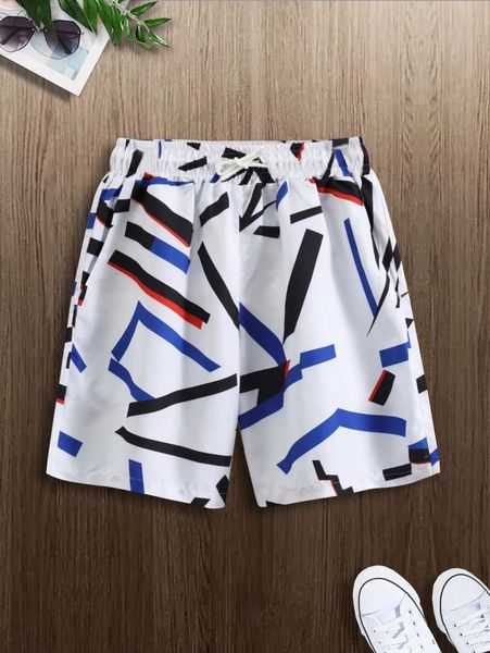 

men geo print drawstring waist shorts w6hg#, White;black