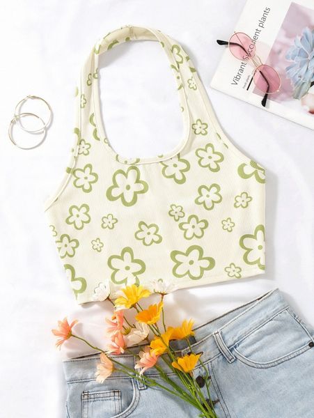 

floral print halter 59pq#, White