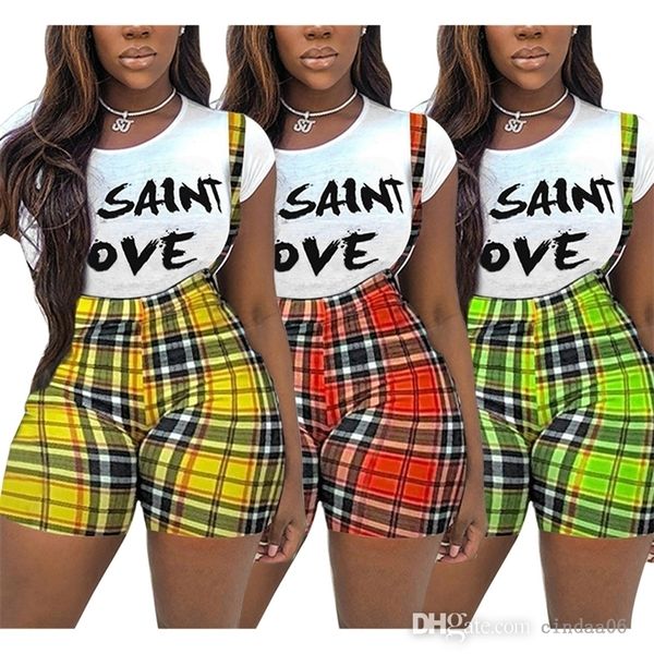 

designer womens two piece set fashion tracksuits letter print short sleeve t-shirt slim fit suspender plaid shorts suit, Gray