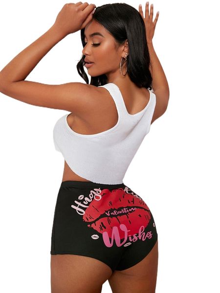 

lip & letter graphic skinny shorts i811#, White;black