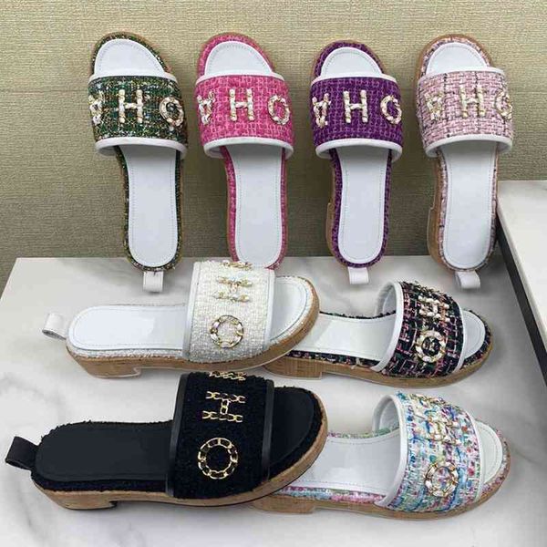 

g family sandals summer new small letter chain lady style one line belt low heel sandals2022 trendy fashion design ladies slippers, Black