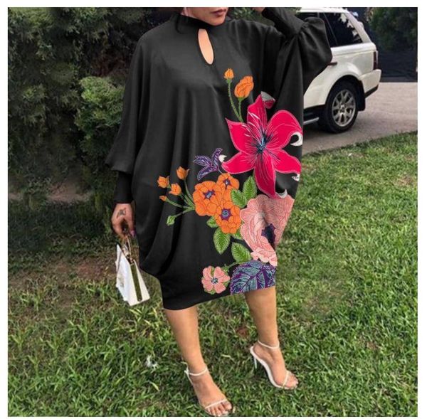 

women bohemain dress 2022 vonda beach sundress vintage long sleeve lapel neck party midi dress casual vestidos robe, Black;gray