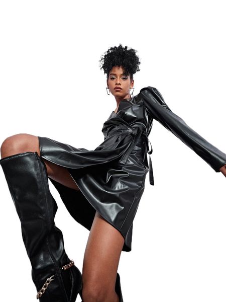 

gigot sleeve tie side pu leather wrap dress p5y9#, Black;gray