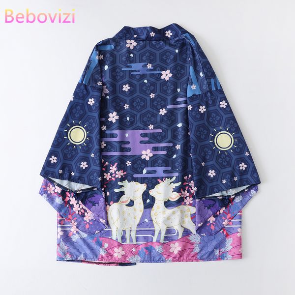 

2022 new summer loose pink blue elk print japanese streetwear cardigan women men harajuku haori kimono cosplay blouse yukata, Red