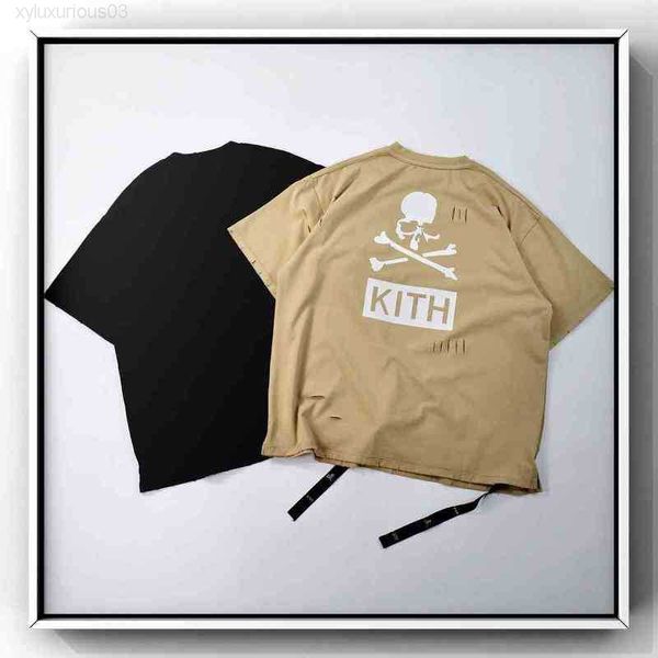 Mmj x Kith Co Branded Dark High Street Testa di teschio Floccaggio Lettera Stampa Foro allentato Danno T-shirt Manica corta Sgw4