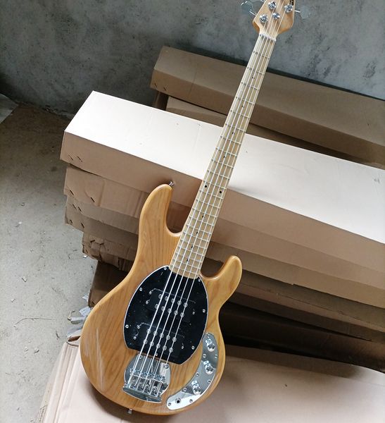 

5 strings natural wood color electric bass guitar with ash body maple fretboard
