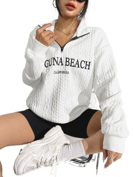 

letter graphic half zipper textured drop shoulder sweatshirt b7ip#, Black