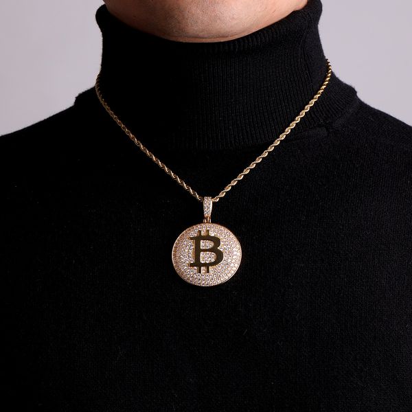 

iced out cubic zircon gold round bitcoin letter b necklaces & pendants men's hip hop jewelry for gift, Silver