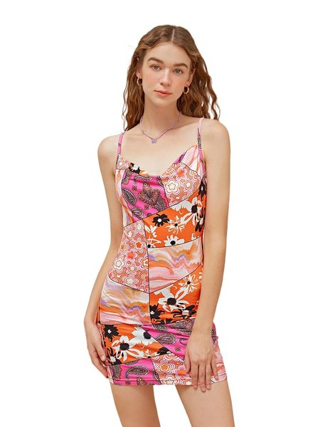 

patchwork print draped collar cami dress h5he#, Black;gray