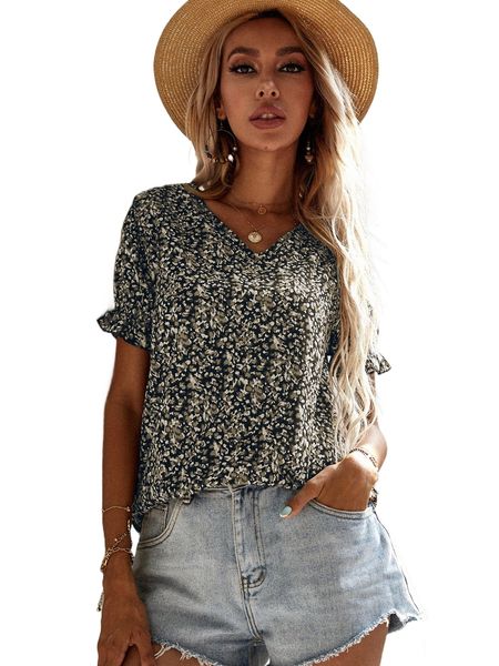 

allover print puff sleeve blouse f1zt#, White