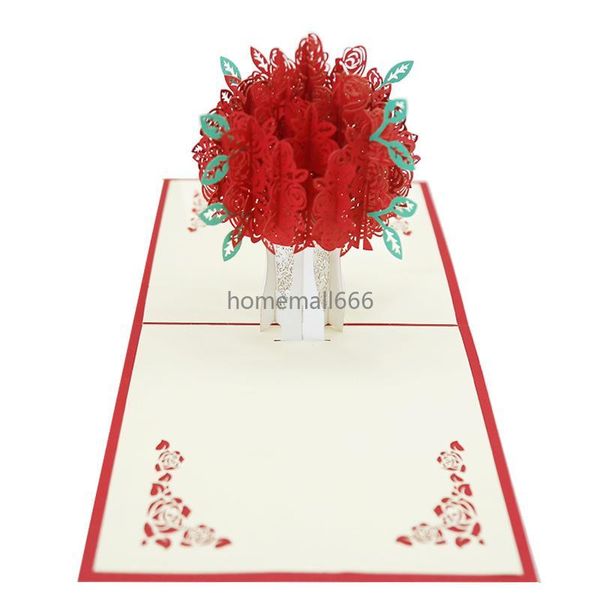 Rose Pop-up Engraving Card 3D Biglietti d'auguri creativi Carta romantica fatta a mano con fiori rossi Carta regalo di San Valentino Personalizzata AA