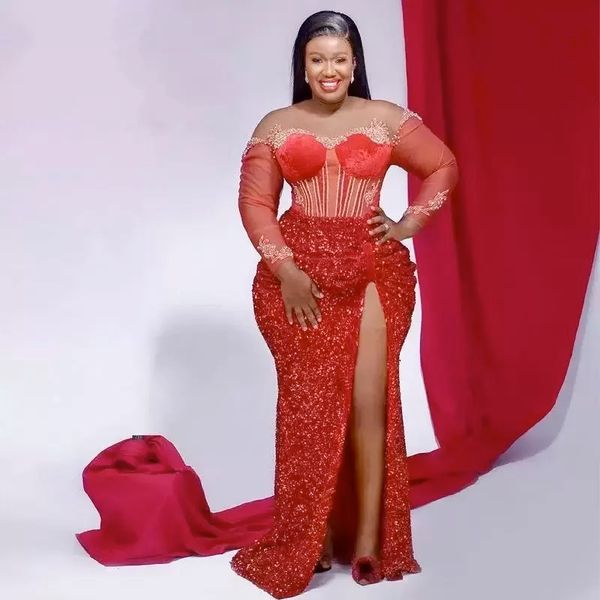 

aso ebi arabic style mermaid prom dresses red sequins long sleeves plus size evening gowns, Black