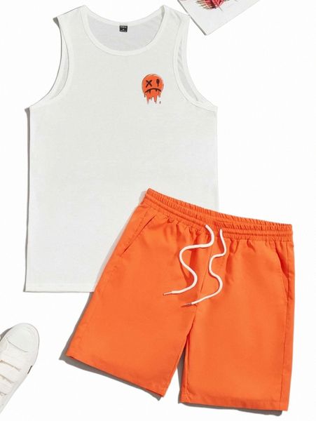 

men cartoon face print tank & neon orange drawstring waist shorts a408#, Gray