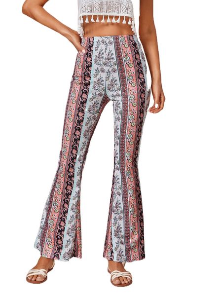 

floral and paisley print flare leg pants x8ny#, Black;white