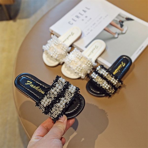 

kids fashion open toe pearls flat casual versatile korean style sweet girls children flats exquisite beautiful chic pu 220608, Black;grey