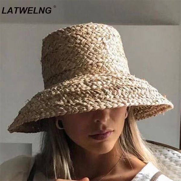 

wholesale women wide brim raffia beach hats flat summer sun hat ladies uv bucket 220712, Blue;gray