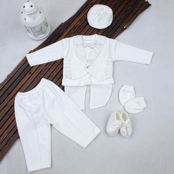 Giyim setleri beyaz erkek bebek smokin takım elbise özel vaftiz dini tören beyefendi doğumlu kıyafetler pamuklu erkek bebekler giyim