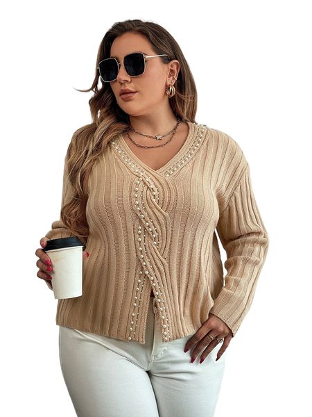 

plus rib-knit faux pearl drop shoulder wrap hem sweater e7gz#, Black